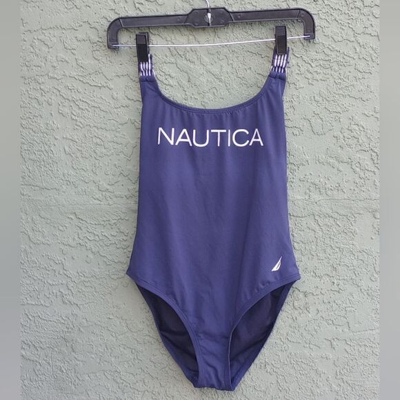 EUC NAUTICA Navy Blue & White CrissCross High Waisted One Piece Swim Suit Small - Picture 1 of 10